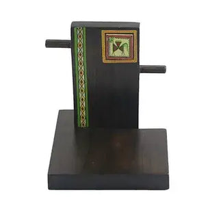 Front view of premium wooden mobile stand with artistic craftsmanship and sturdy 7x8 inch base