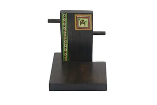 Front view of premium wooden mobile stand with artistic craftsmanship and sturdy 7x8 inch base