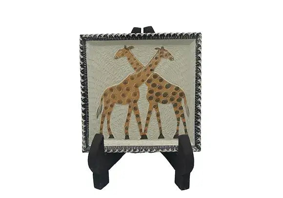 Handcrafted African art painting of two giraffes with tribal dot patterns on wooden frame stand