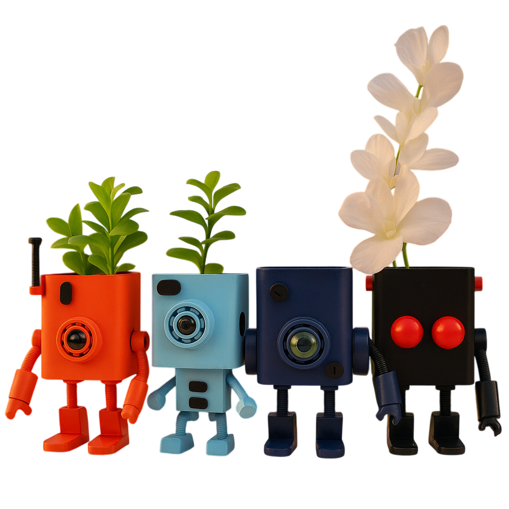 Set of four colorful robot planters in orange, blue, navy, and black with plants, perfect for home decor and creative spaces.