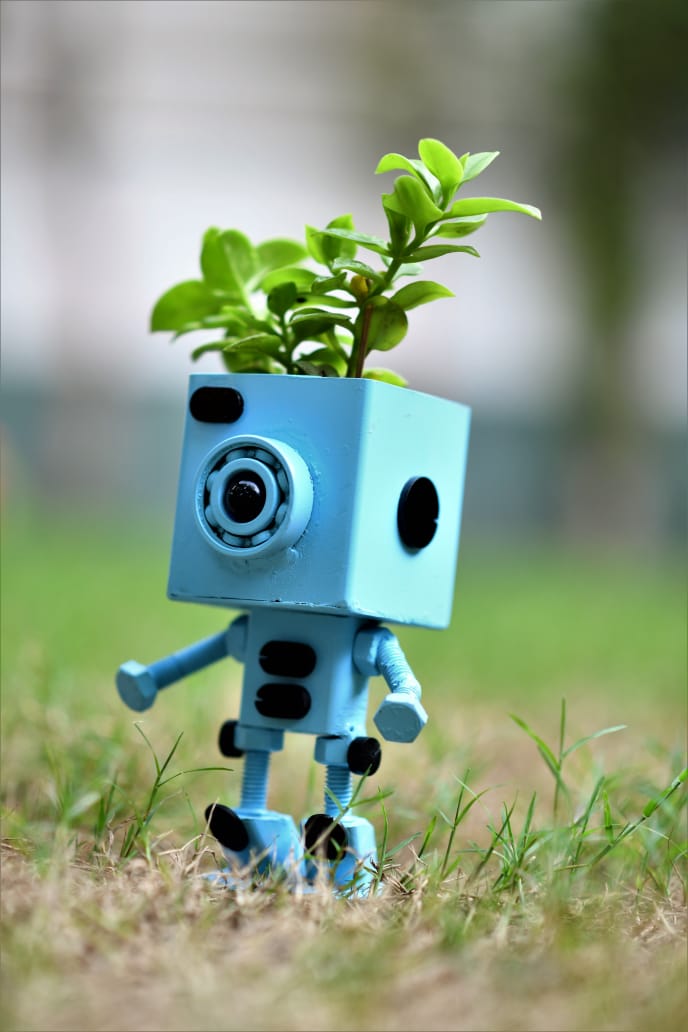Blue robot planter with succulent plant, ideal for small indoor plants, modern tech-inspired home decor.