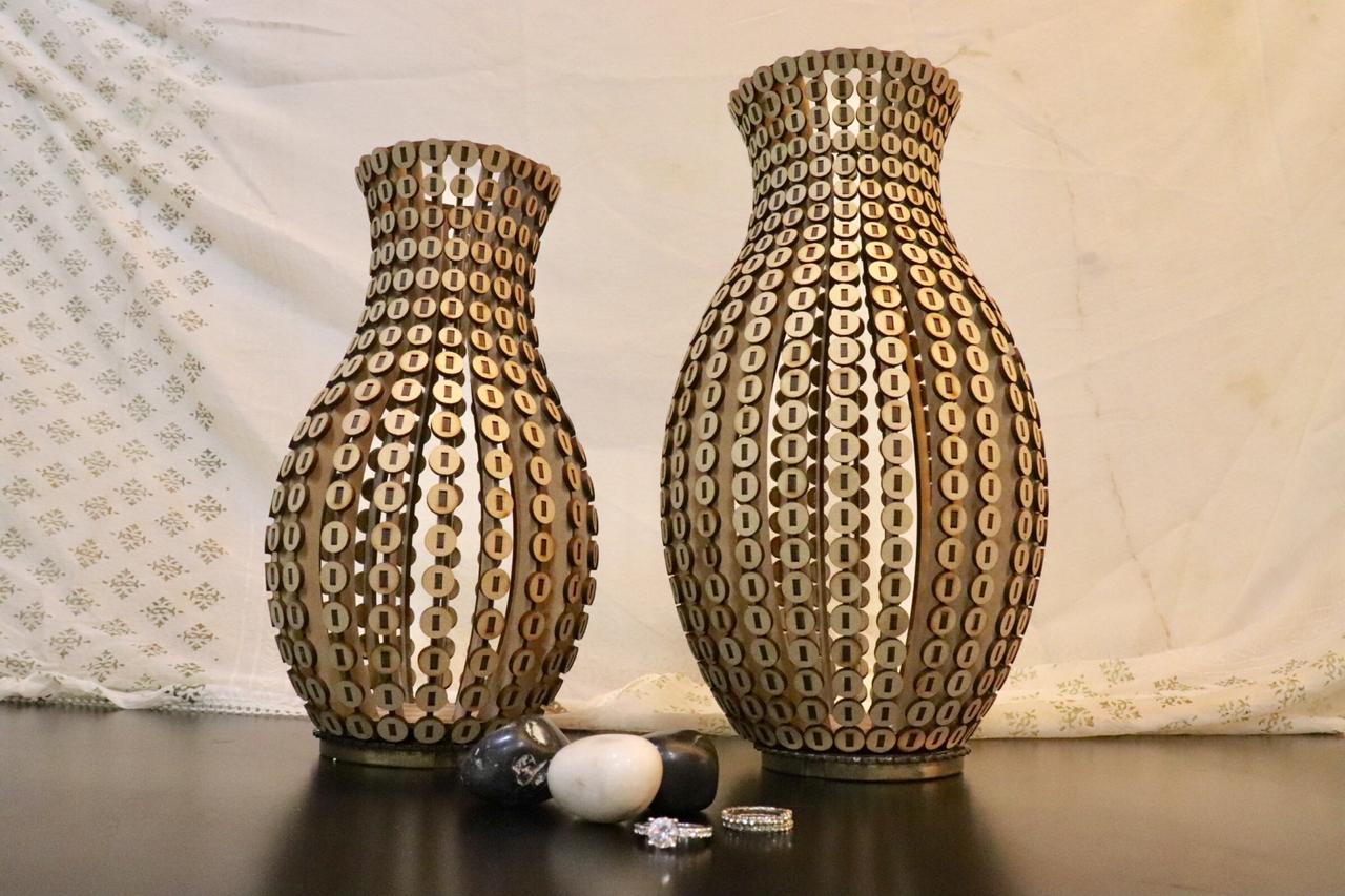 Handcrafted wooden button decorative vase with a long neck silhouette, available in small and large sizes, perfect for living room centerpieces and modern interiors.