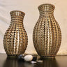 Handcrafted wooden button decorative vase with a long neck silhouette, available in small and large sizes, perfect for living room centerpieces and modern interiors.