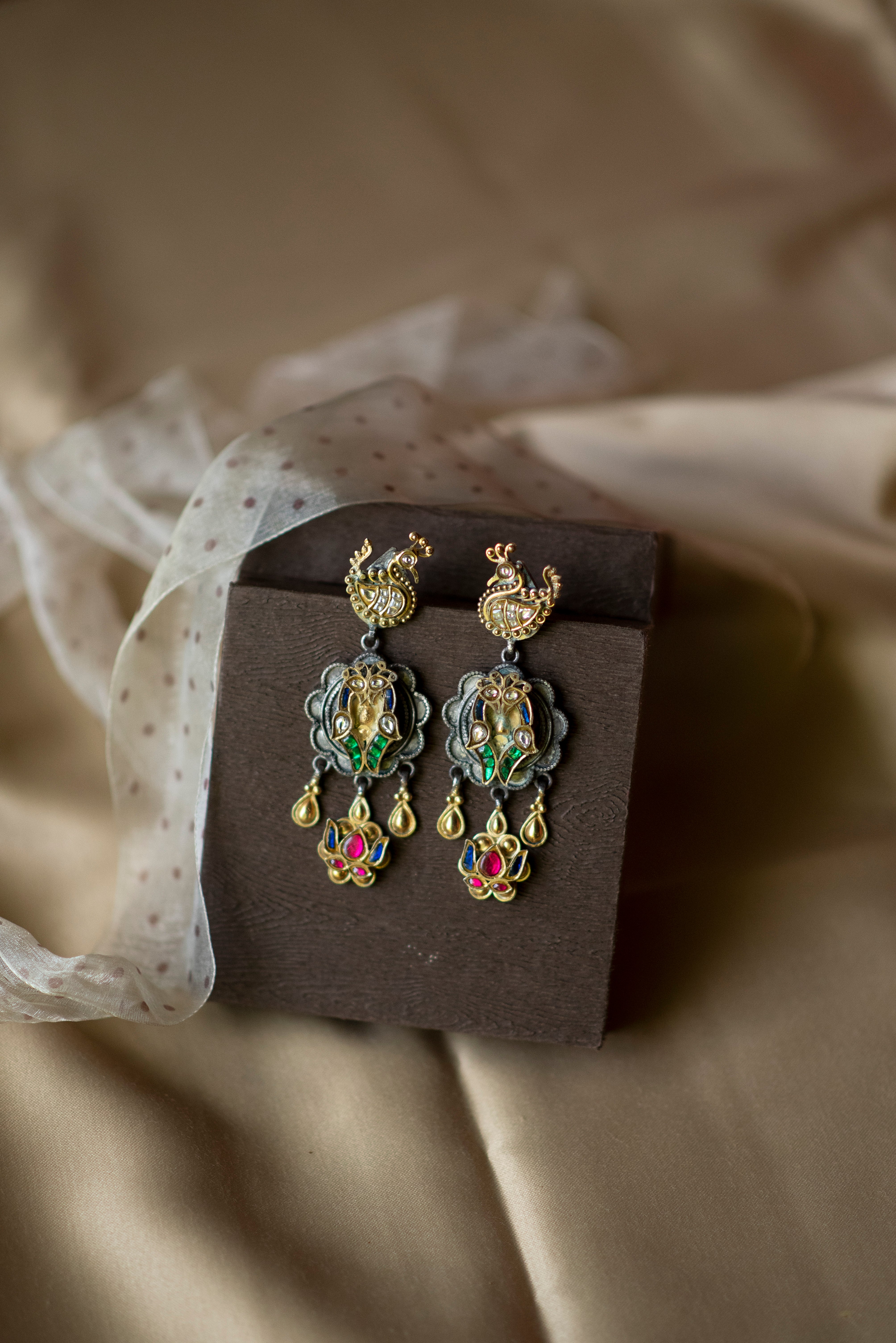 Handcrafted 92.5 Silver Earrings with Multicolour Kundan Stones