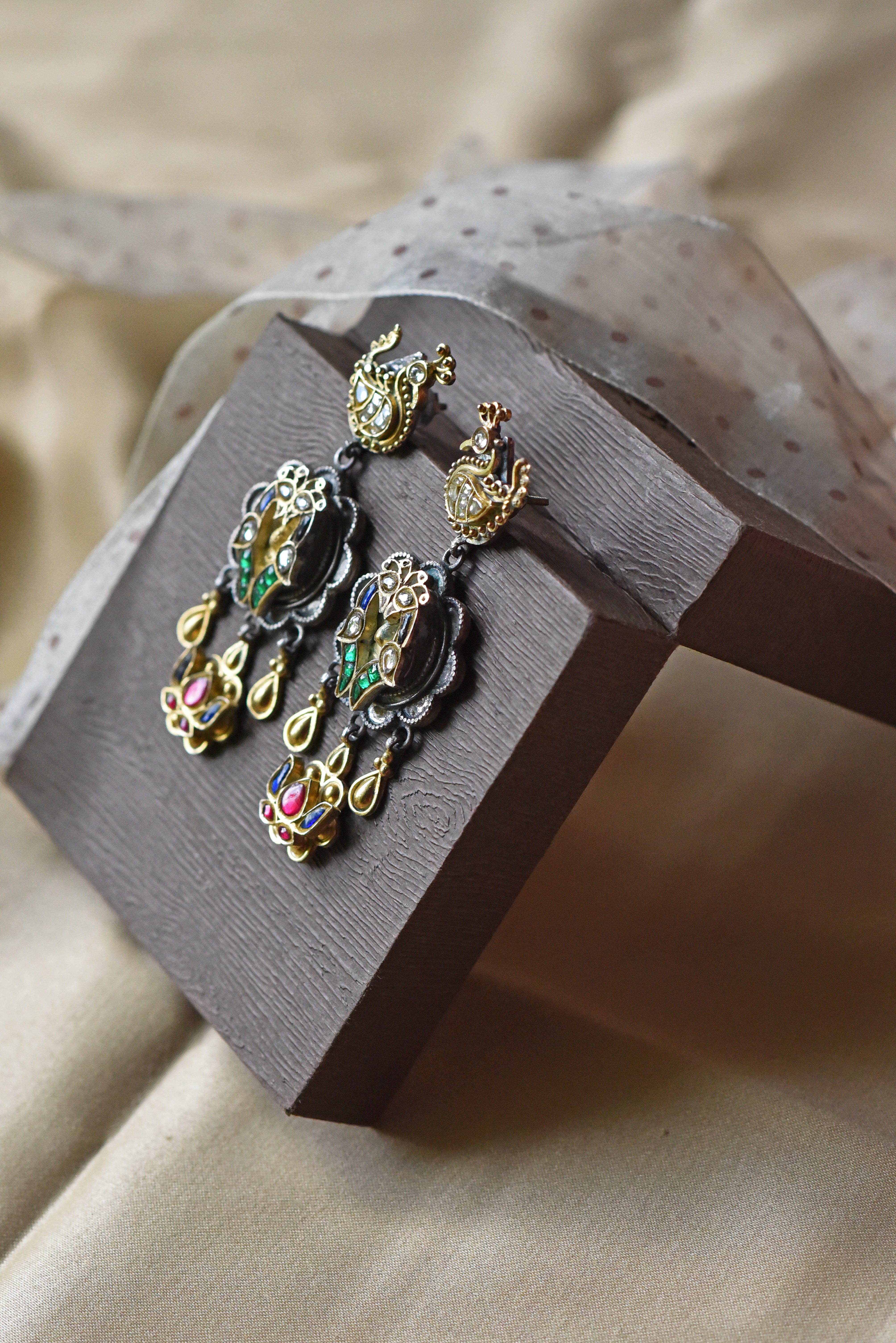 Handcrafted 92.5 Silver Earrings with Multicolour Kundan Stones