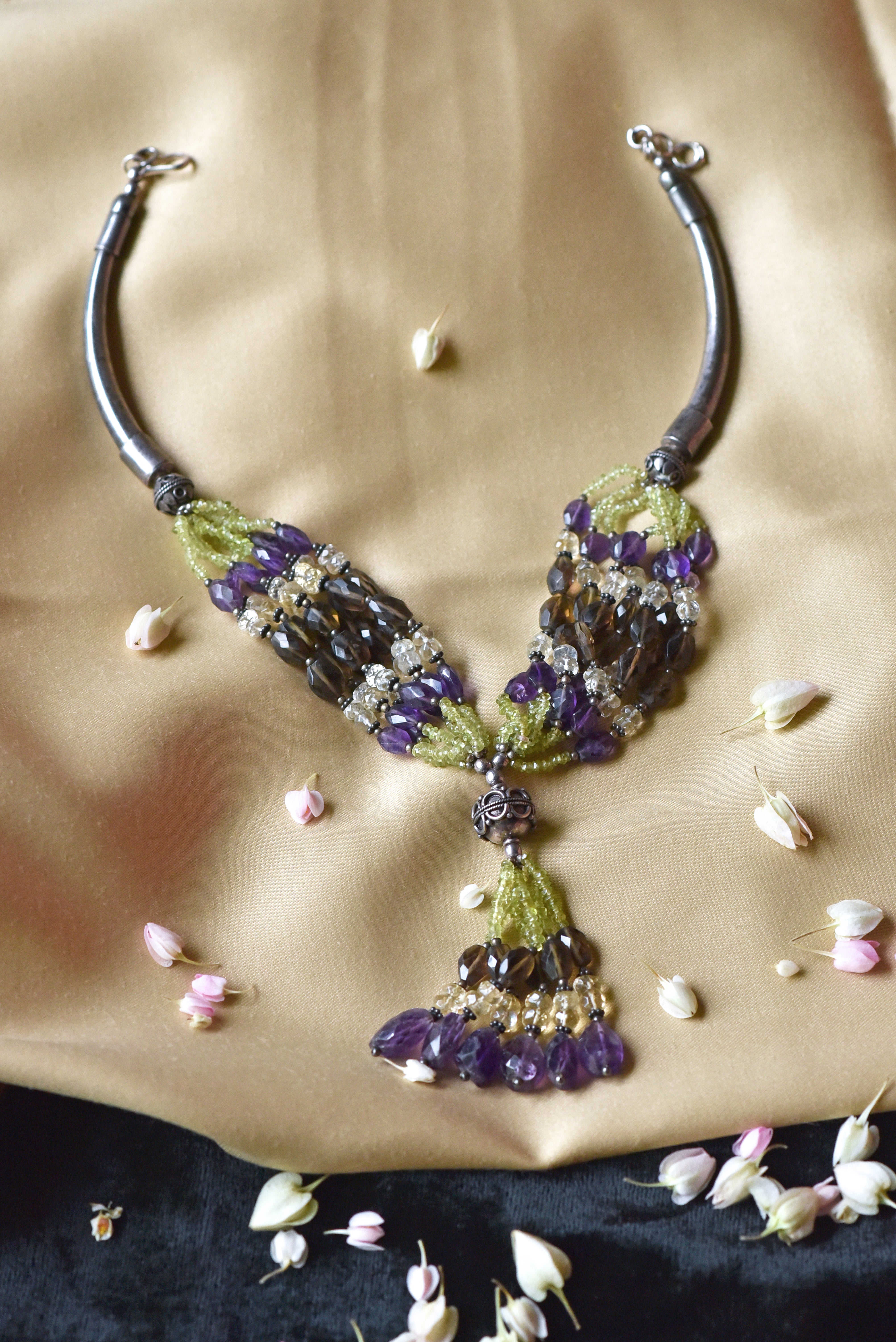 Pure Silver Necklace with Natural Amethyst & Peridot Beads