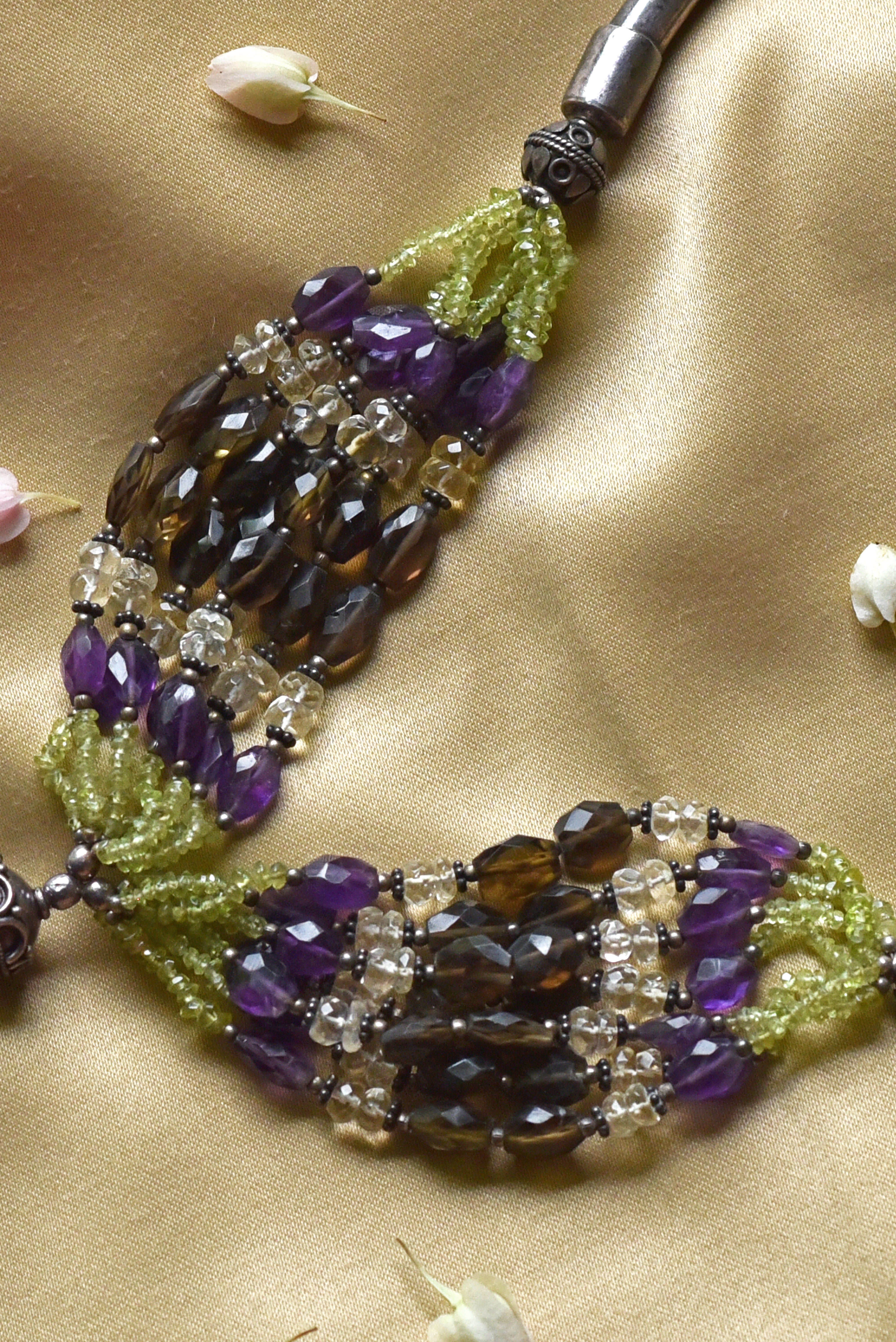 Pure Silver Necklace with Natural Amethyst & Peridot Beads