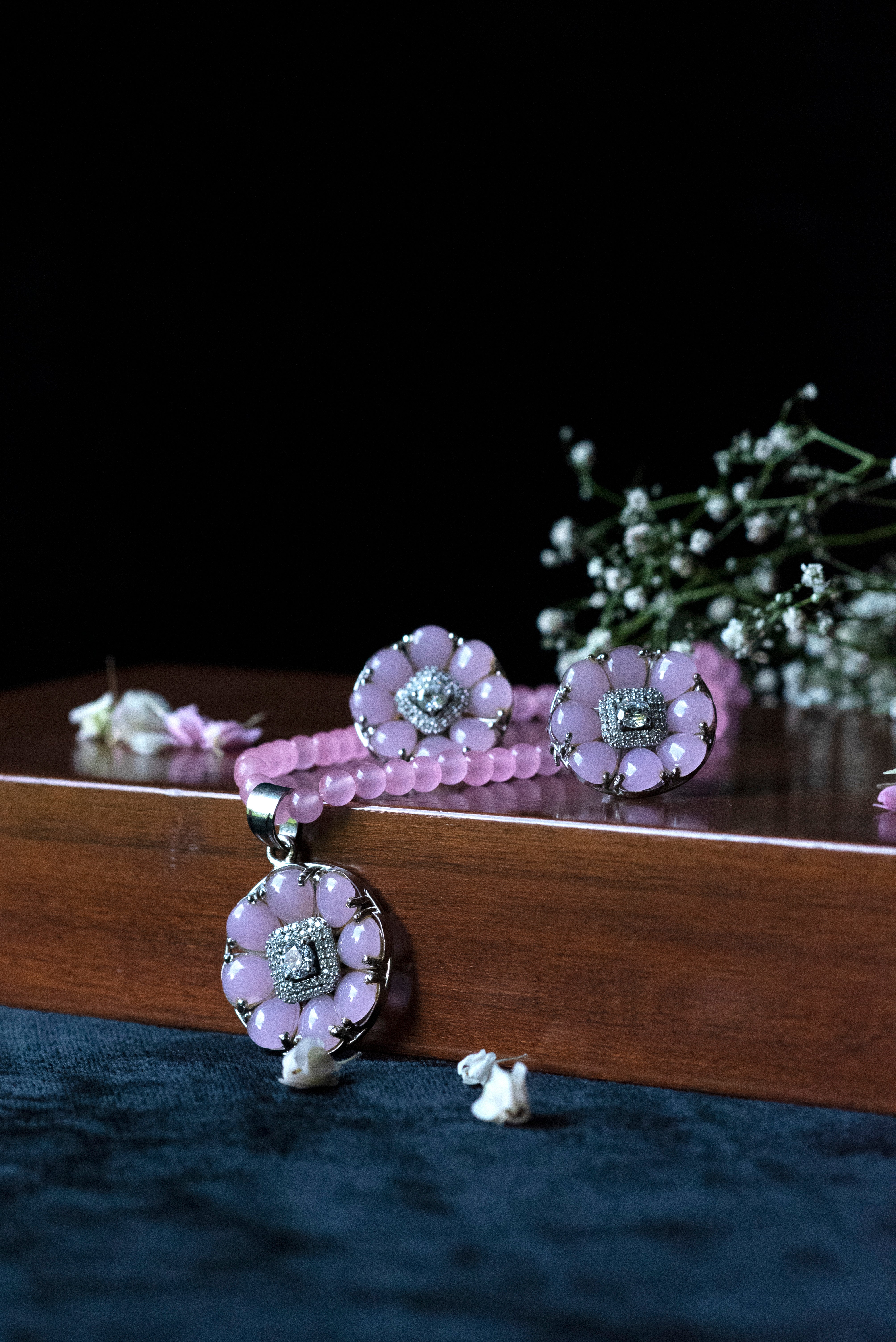 Silver & Pink Jade Necklace Set with Moissanite Stones