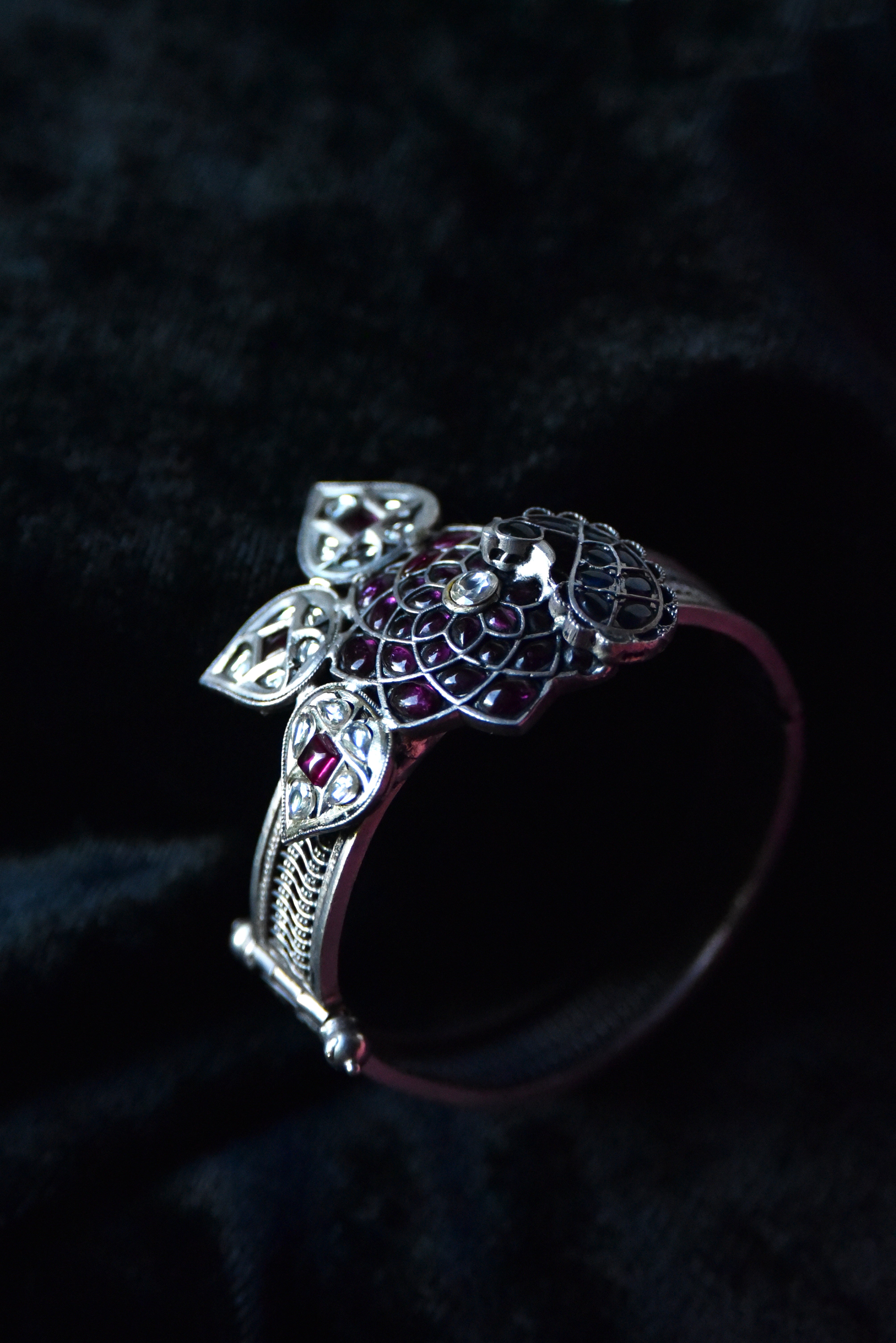 Sterling Silver Openable Bangle with Multicolour Kundan Stones