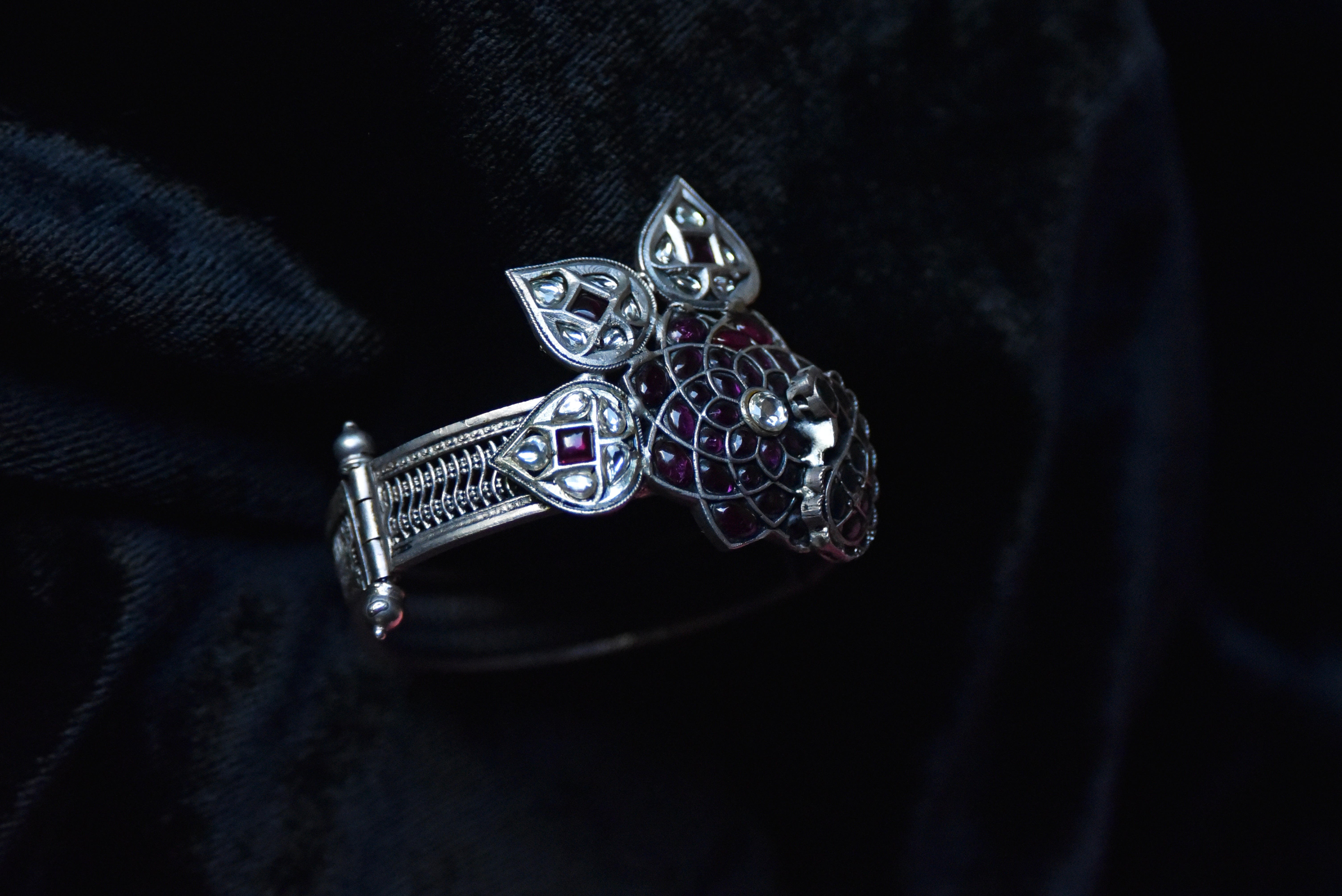 Sterling Silver Openable Bangle with Multicolour Kundan Stones