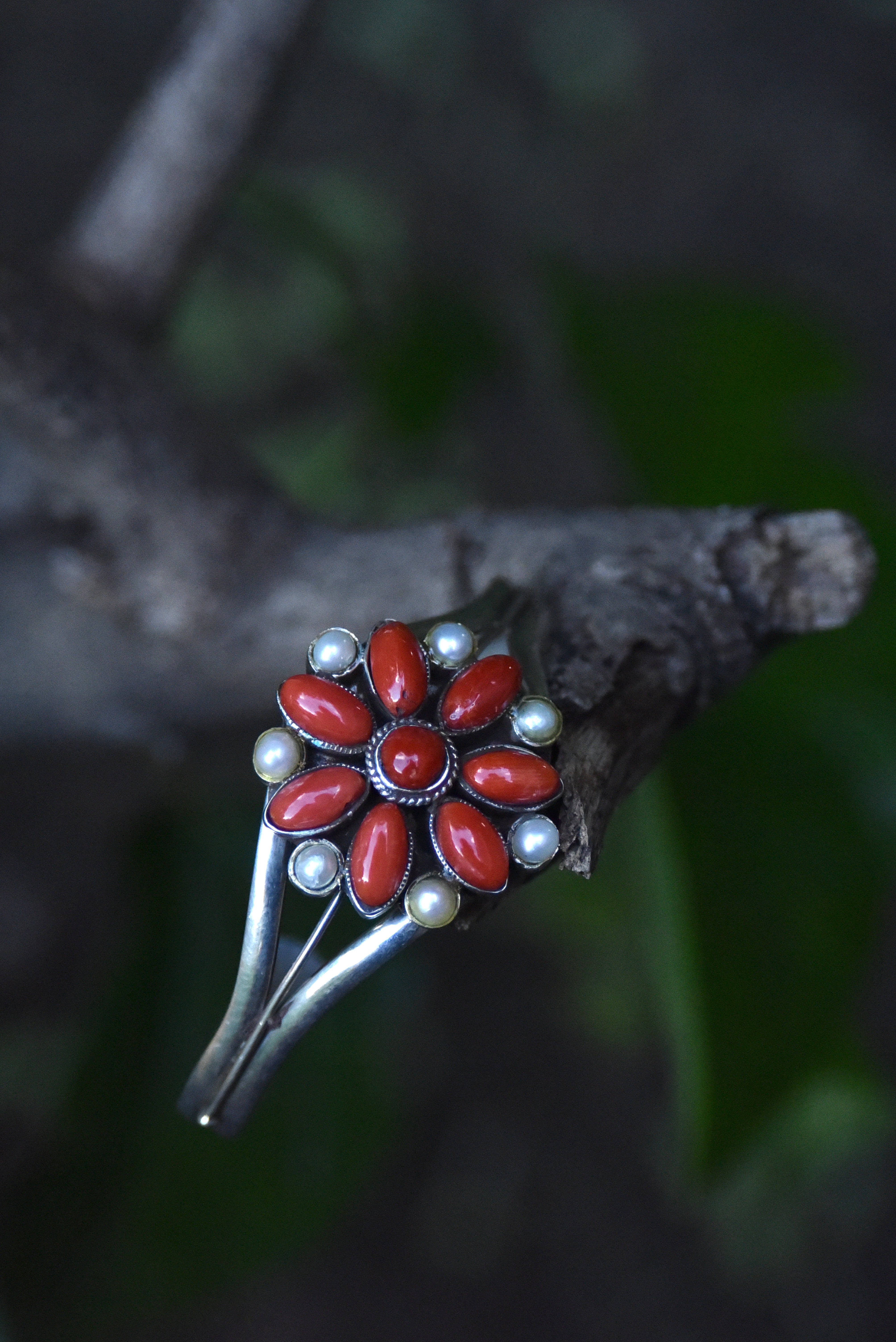 Sterling Silver Cuff Bracelet with Natural Coral & Pearl