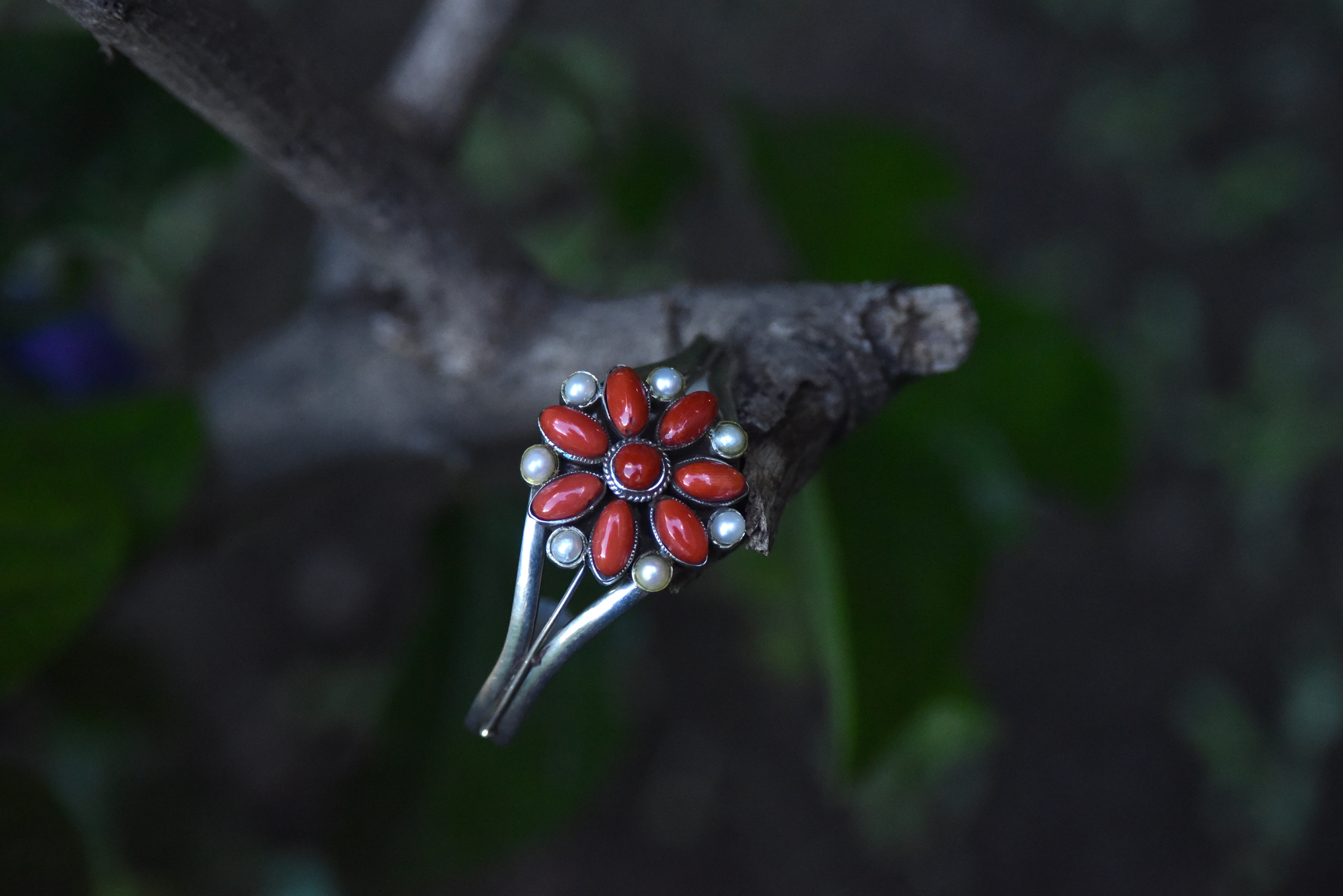 Sterling Silver Cuff Bracelet with Natural Coral & Pearl